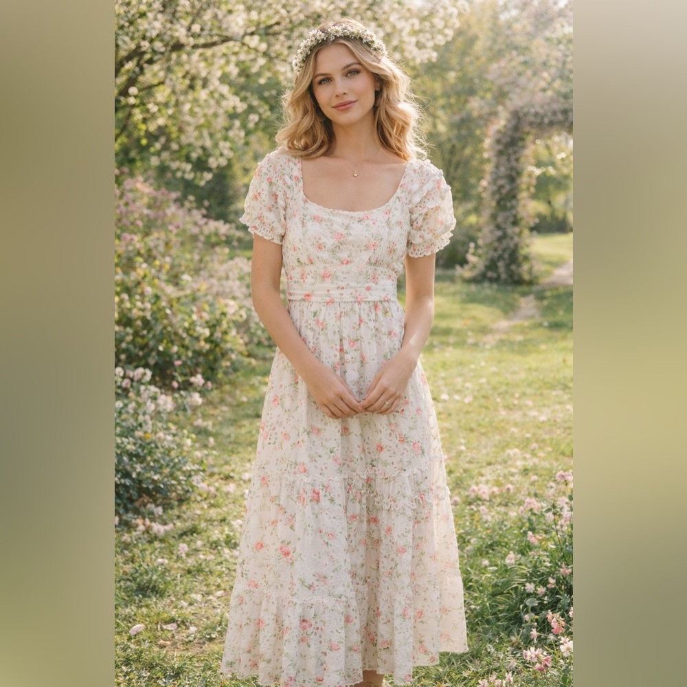 LoveShackFancy Cream Maxi Dress with Pink Rose Print